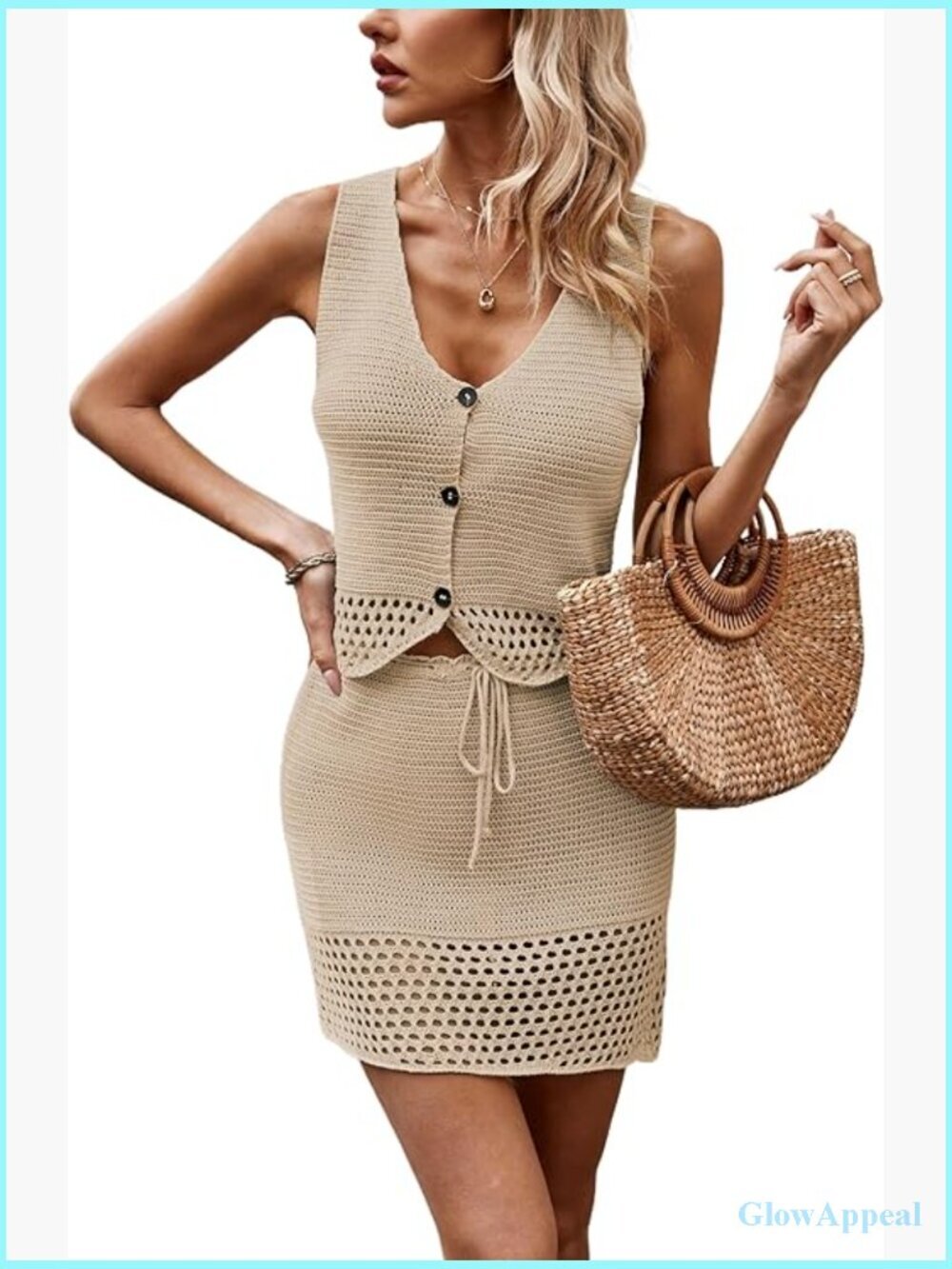 Crochet Hollow Out Knit Skirt Set V Neck Crop Top Vest Summer Vacation